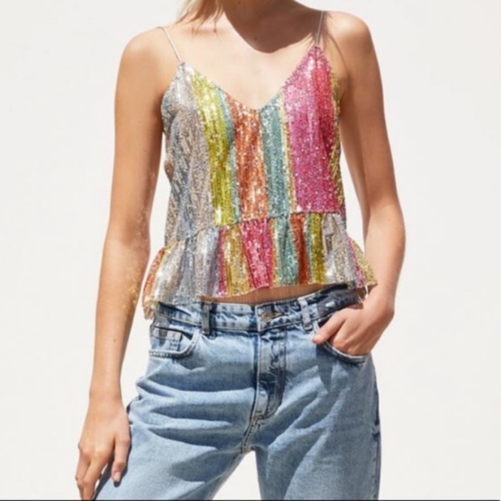 Zara Rainbow Sequin Peplum Tank Top L